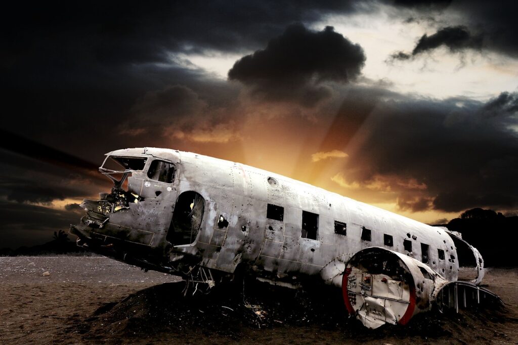 Airplane Crash Landing with dark skies