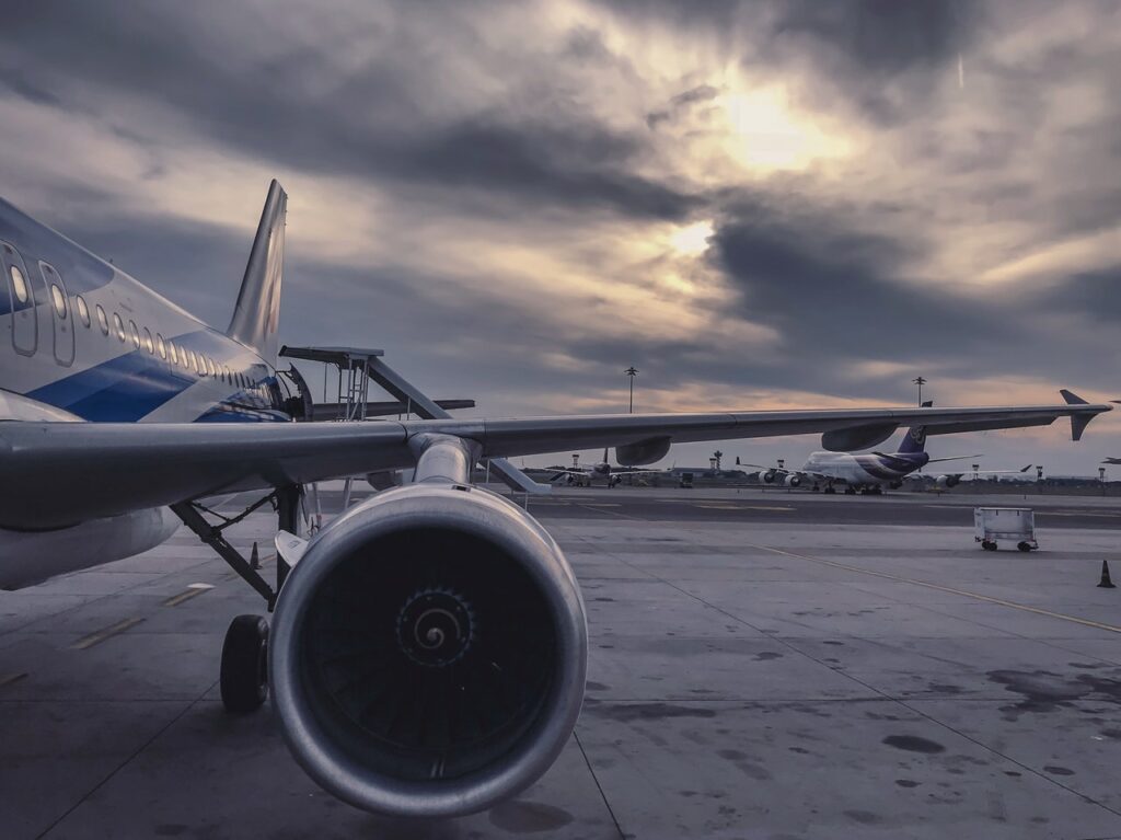 Airplane wing at airport