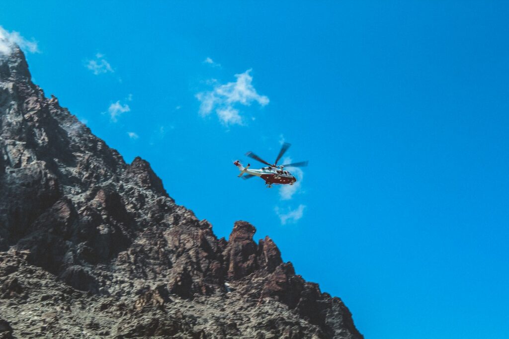 Helicopter over mountains