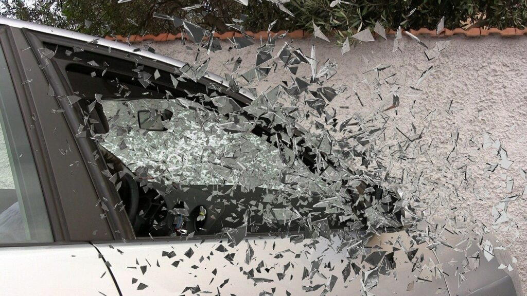 Car glass shattering in car accident