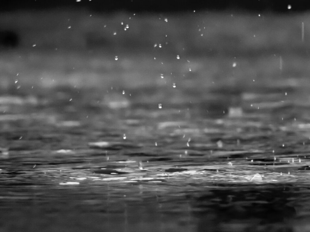 Raindrops falling into a large puddle
