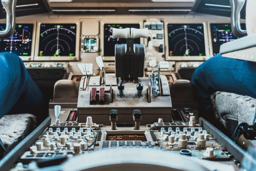 Close up of the control panel of an airplane
