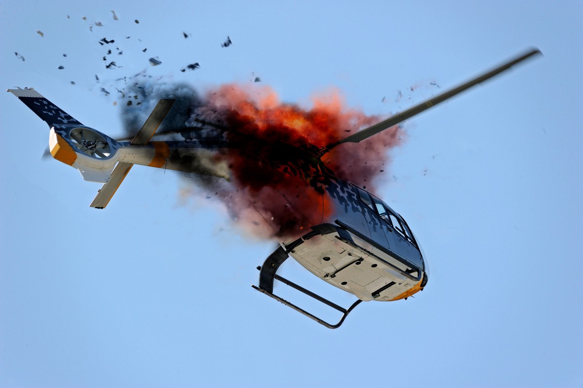 Helicopter exploding in flight